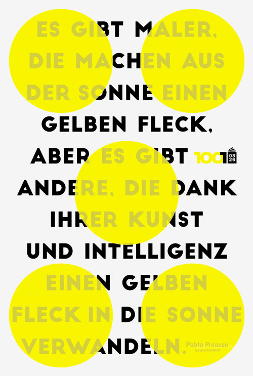 gelbe Punkte und ein Zitat, das Paplo Picasso zugeschrieben wird: 